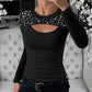 Pearls Decor Front Hollow out Long Sleeve Top Slim Fit Ribbed Layering Top