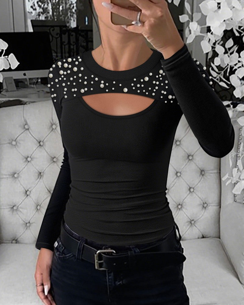 Pearls Decor Front Hollow out Long Sleeve Top Slim Fit Ribbed Layering Top