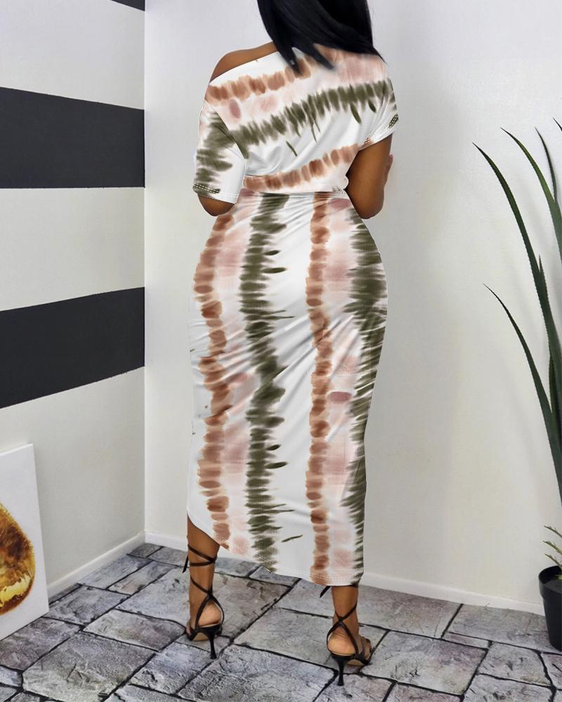 Tie Dye Print Draped Skew Neck Casual Dress