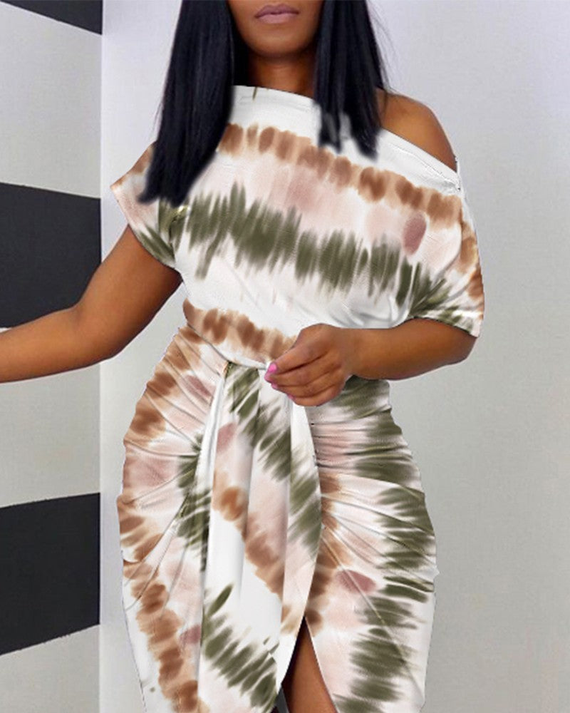 Tie Dye Print Draped Skew Neck Casual Dress