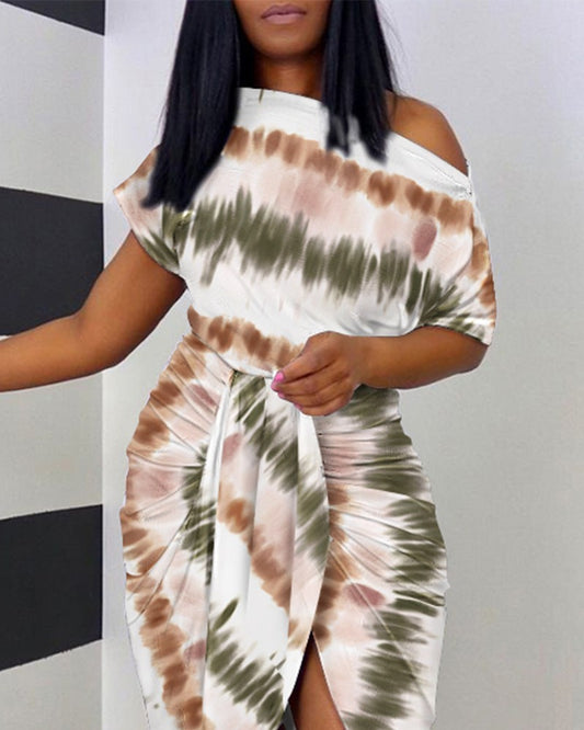 Tie Dye Print Draped Skew Neck Casual Dress