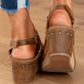 Brown Vintage Leather Stitching Studded Wedge Sandals