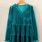 Sea Green Velvet V Neck Peplum Hem Puff Sleeve Blouse