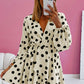 Beige Polka Dot Printed Surplice V Neck Puff Sleeve Mini Dress
