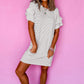 White Stripe Ruffled Short Sleeve Crew Neck T Shirt Shift Mini Dress