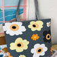 Dark Grey Flower Print Canvas Zipper Large Tote Bag