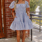 Sky Blue Stripe Bubble Sleeve Square Neck Ruched Pocketed Babydoll Dress