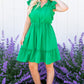Bright Green Split V Neck Elastic Waist Ruffled Dress