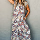 Sky Blue Floral Sleeveless Buttoned Pocketed Wide Leg Jumpsuit