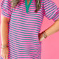 Rose Stripe Collared V Neck Puff Sleeve Shift T Shirt Dress with Pockets