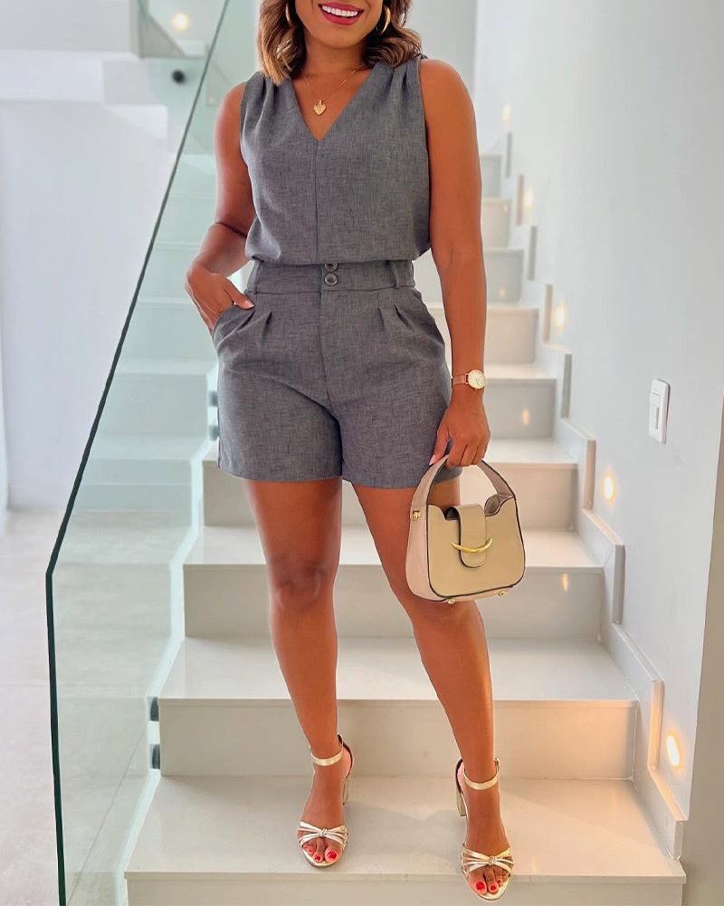 2 Pieces Summer Outfits V Neck Sleeveless Ruched Tank and Casual Pocket Design Shorts Set