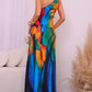 Tie Dye Print One Shoulder Bodycon Slit Dress Sexy Slim Fit Maxi Dress With Pockets