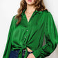 Dark Green Solid Color Flowy Balloon Sleeve Tie Front Buttoned Shirt