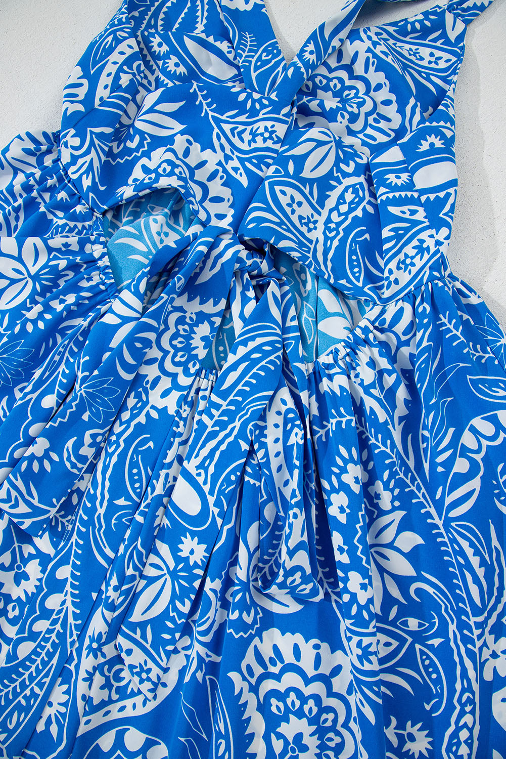 Blue Paisley V Neck Crisscross Backless Maxi Dress