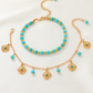 Gold Turquoise Beaded Flower Charm Layered Adjustable Anklet