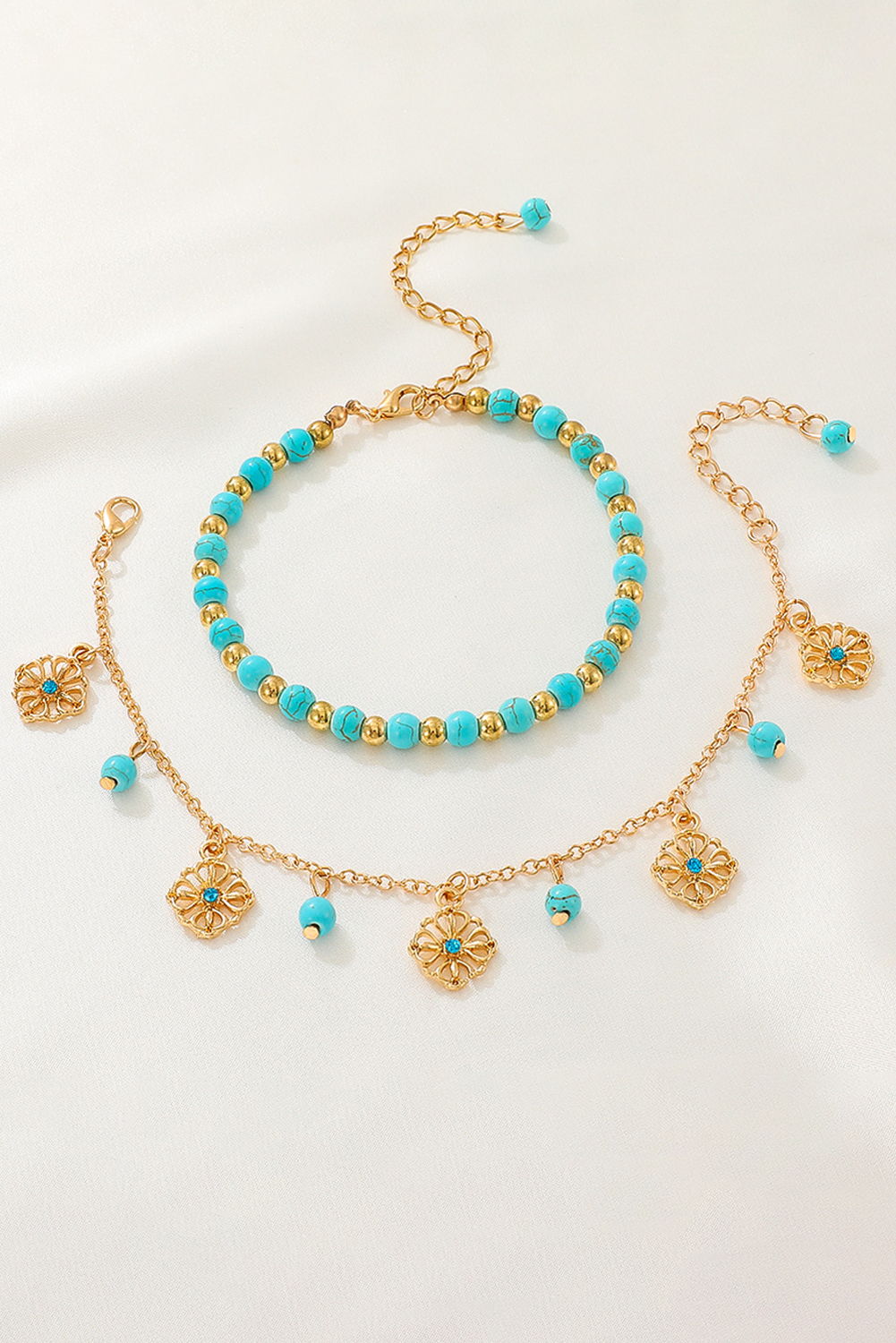 Gold Turquoise Beaded Flower Charm Layered Adjustable Anklet
