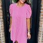 Bright Pink Corded Knit Crew Neck Puff Sleeve Shift Mini Dress