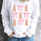 White Easter Bunny Bow Print Round Neck Pullover Sweatshirt