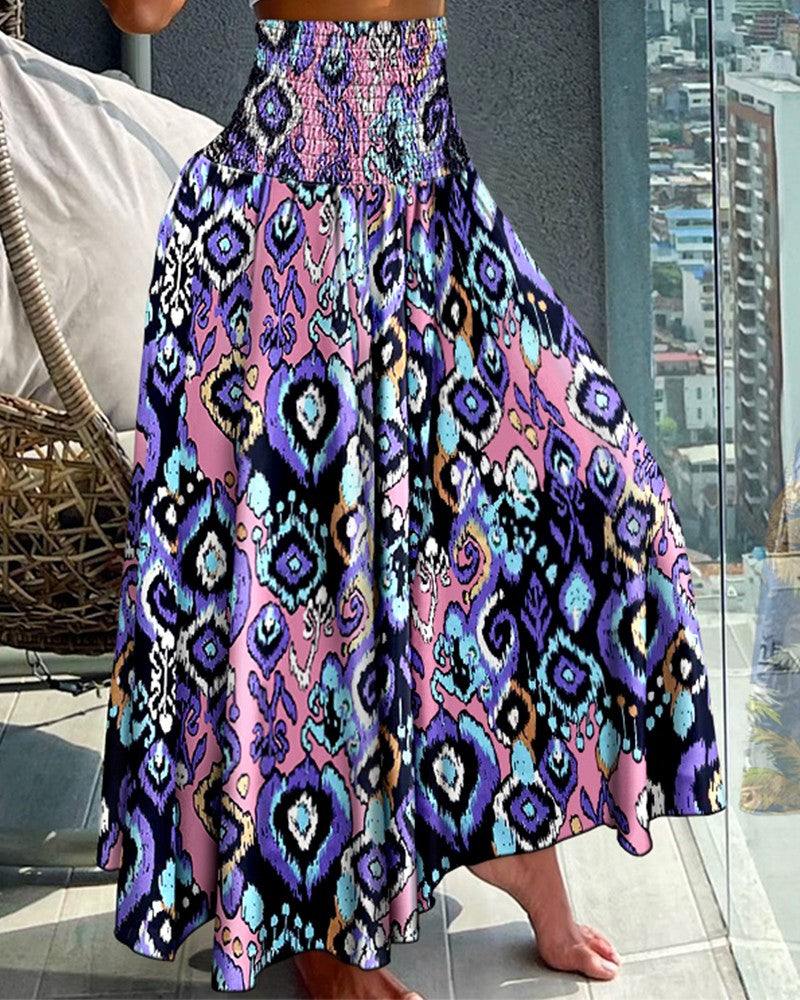 Tribal Print Shirred Wide Leg Pants