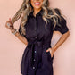 Black Button Up Tie Waist Puff Sleeve Mini Dress