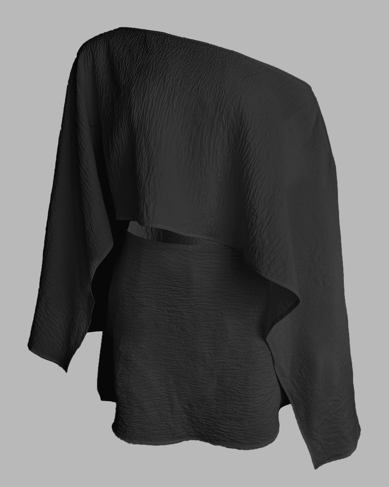 3 Pieces Outfit Solid Off Shoulder Split Sleeve Convertible Crop Top and Casual Elastic Waist Skorts Set With Bandeau(Without Belt)