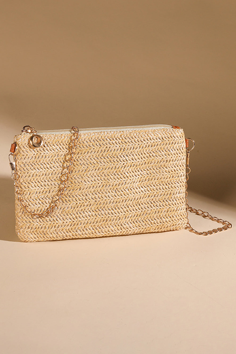 Oatmeal Straw Woven Zipper Chain Shoulder Bag