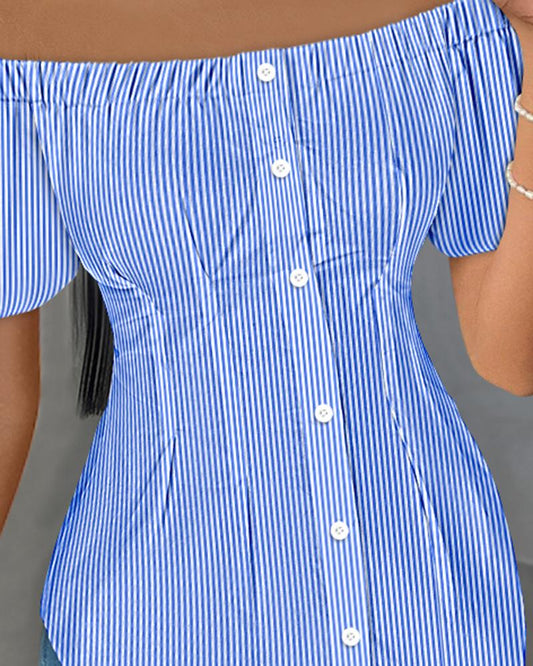 Striped Off the Shoulder Buttoned Asymmetrical Hem Shirt