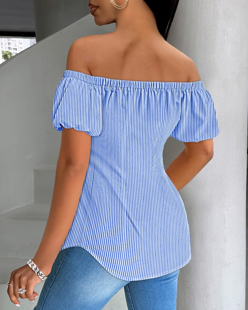 Striped Off the Shoulder Buttoned Asymmetrical Hem Shirt