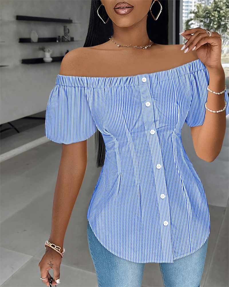 Striped Off the Shoulder Buttoned Asymmetrical Hem Shirt