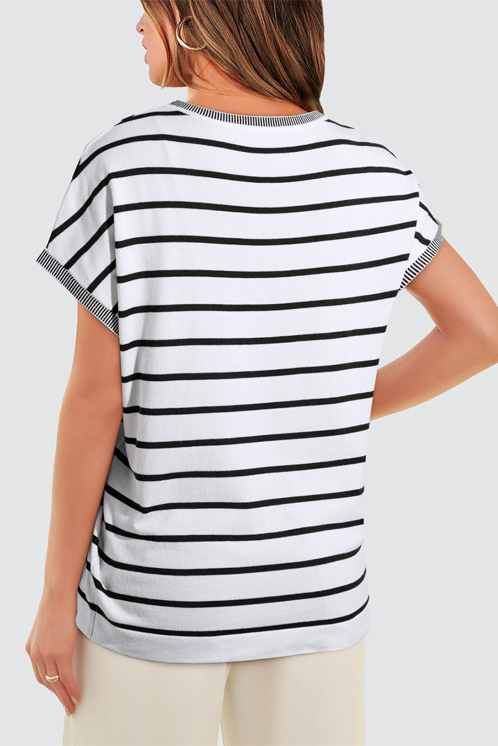 White Stripe Knitted Bat Sleeve T Shirt