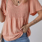 Fushia Smocked Front V Neck Pleated Babydoll Short Sleeve Top
