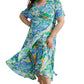 Green Leaves Print Short Sleeve Surplice Neck Ruffled Trim Plus Size Maxi Dress