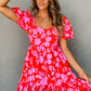 Red Floral Bubble Sleeve Sweetheart Neck Ruffled Mini Dress
