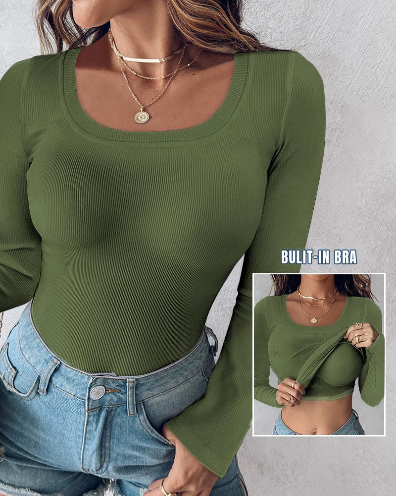 U Neck Long Sleeve Built In Bra Shirt Casual Seamless Slim Fit Top