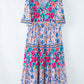 Sky Blue Mixed Floral Print Tie Split Neck Short Sleeve Dress