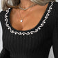 Beaded Scoop Neck Long Sleeve Ribbed Top
