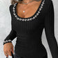 Beaded Scoop Neck Long Sleeve Ribbed Top