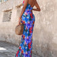 Abstract All Over Print Pleated Design Spaghetti Strap Maxi Dress