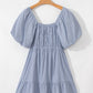 Sky Blue Stripe Bubble Sleeve Square Neck Ruched Pocketed Babydoll Dress