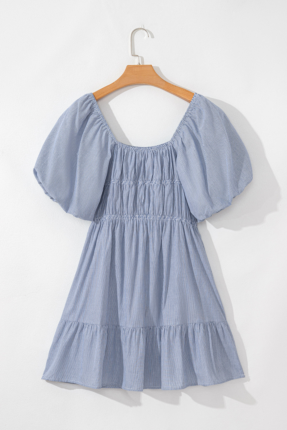 Sky Blue Stripe Bubble Sleeve Square Neck Ruched Pocketed Babydoll Dress