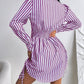 Striped Side Drawstring Buttoned Shirt Dress