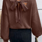 Coffee Lantern Sleeve V Neck Knot Back Sweater