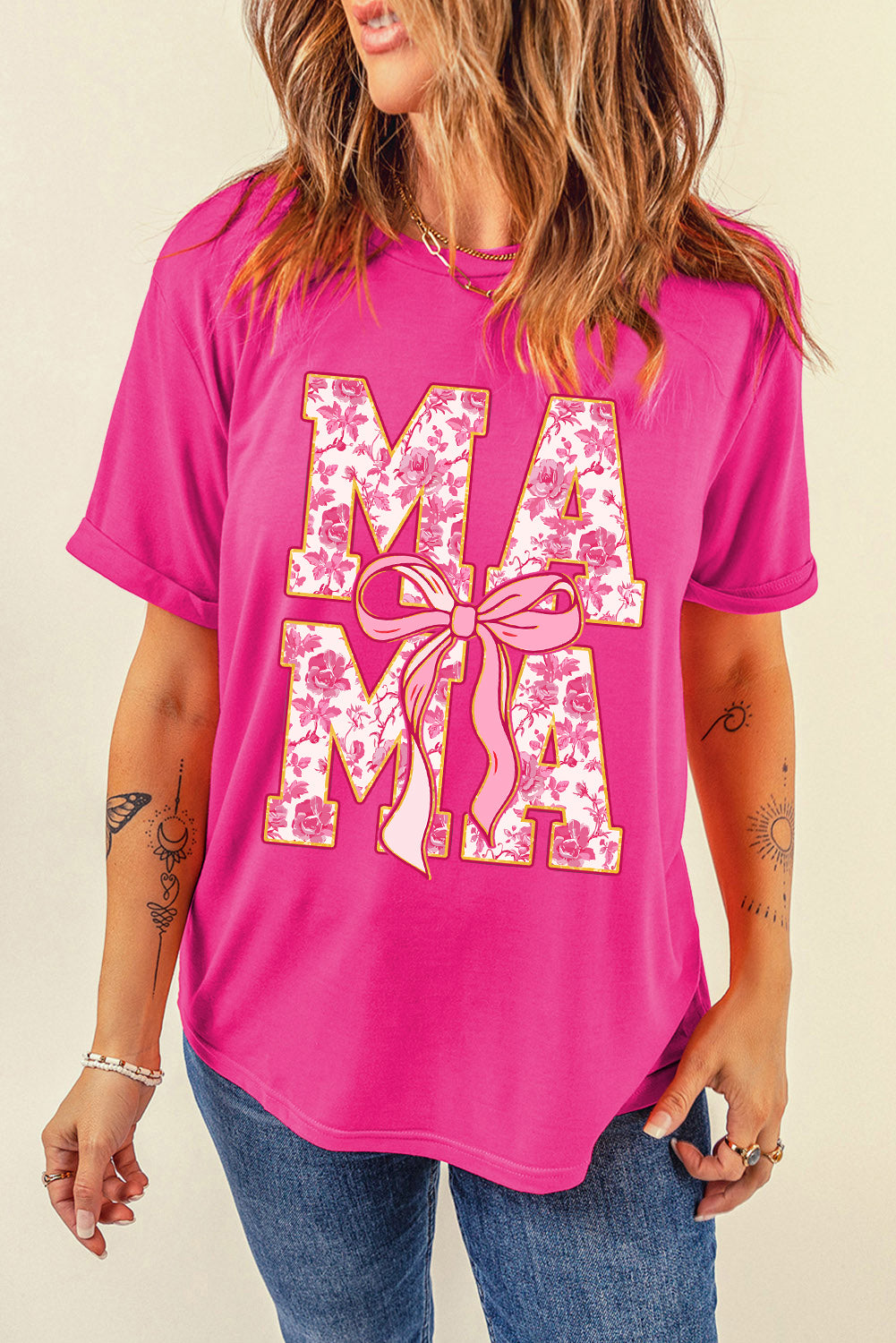 Rose Red Floral MAMA Lettering Bow Print T Shirt