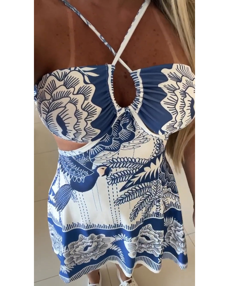 Floral Print Halter Sleeveless A Line Dress Casual Waist Hollow Out Mini Dress