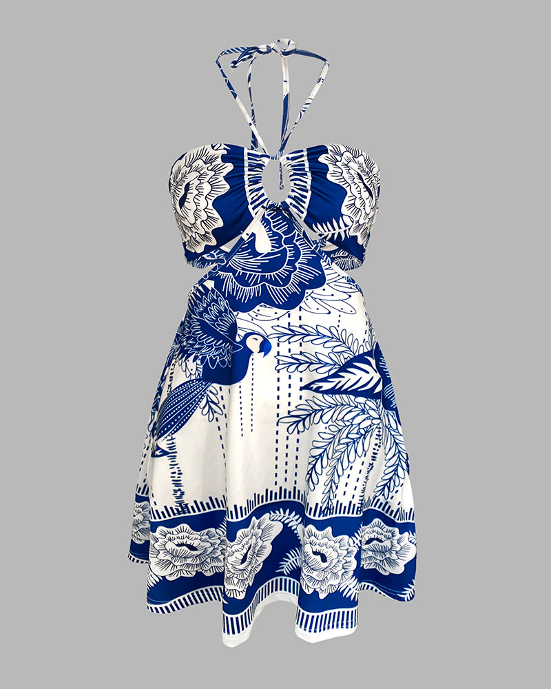 Floral Print Halter Sleeveless A Line Dress Casual Waist Hollow Out Mini Dress