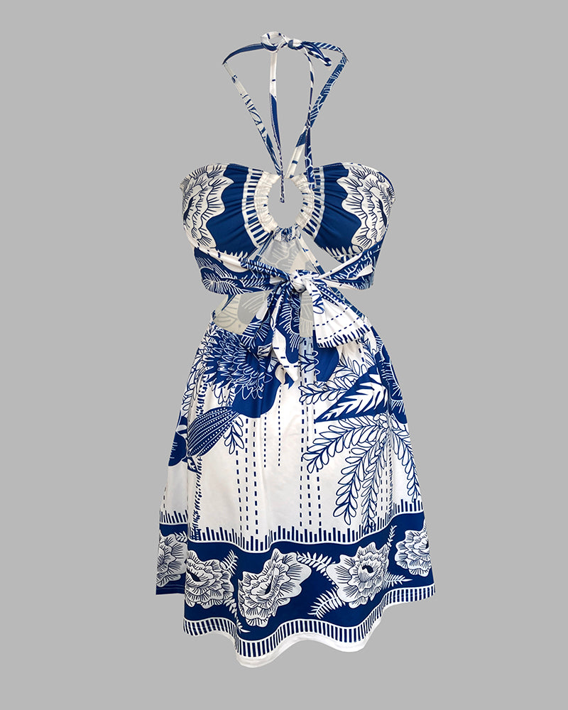 Floral Print Halter Sleeveless A Line Dress Casual Waist Hollow Out Mini Dress