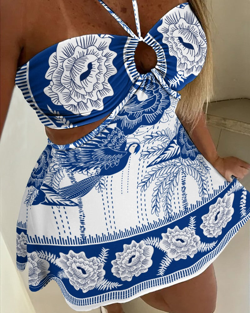 Floral Print Halter Sleeveless A Line Dress Casual Waist Hollow Out Mini Dress