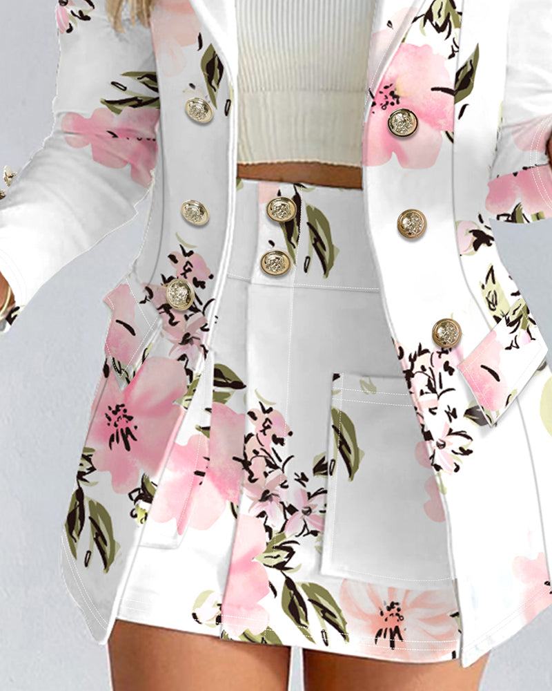 Floral Print Puff Sleeve Double Breasted Blazer Coat & Skirt Set