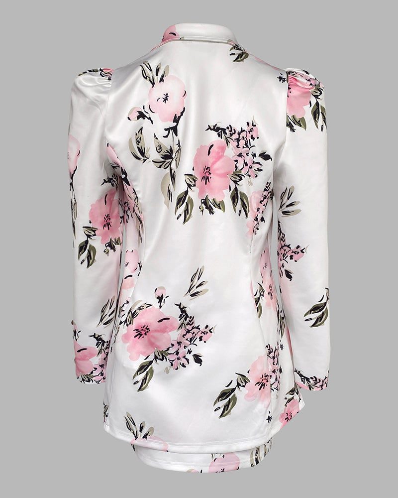 Floral Print Puff Sleeve Double Breasted Blazer Coat & Skirt Set