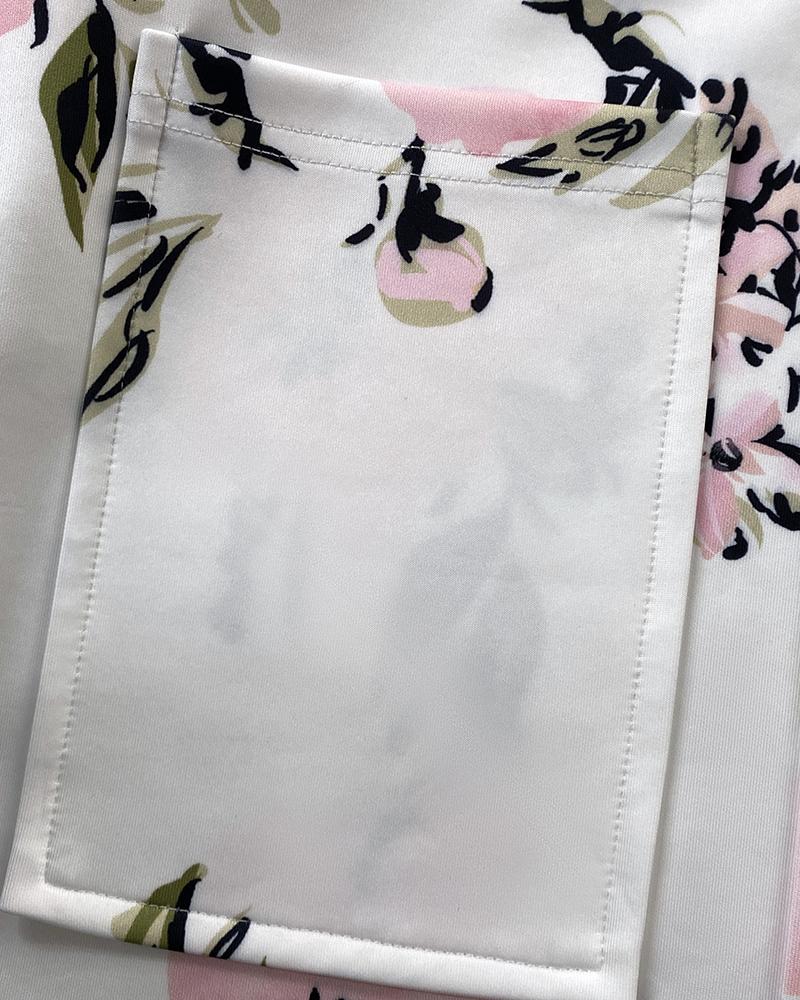 Floral Print Puff Sleeve Double Breasted Blazer Coat & Skirt Set